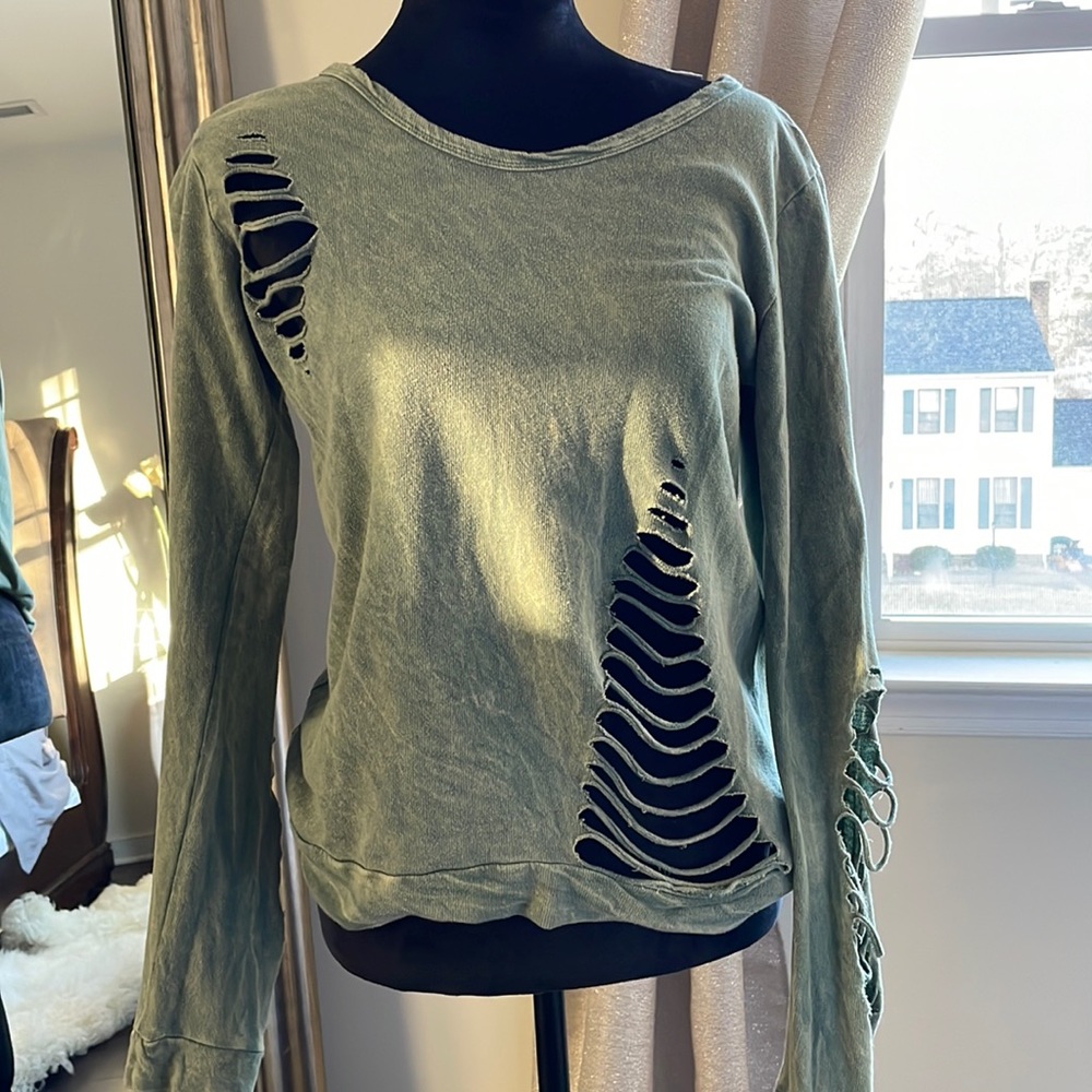 Distressed green/yellow tie dye long sleeve top